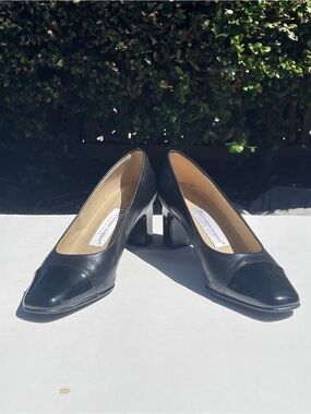 Etienne Aigner Made in Spain Black Leather Block Heel Pumps